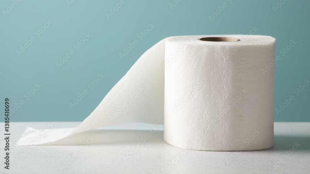 A single white toilet paper roll partially unrolled on a flat surface against a solid light blue background. Ideal for advertising hygiene, household, or sanitary products A single white toilet paper roll partially unrolled on a flat surface against a solid light blue background. Ideal for advertising hygiene, household, or sanitary products