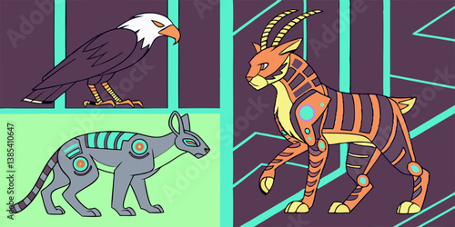 Colorful Cartoon Futuristic Animals: Eagle Kangaroo Deer Geometric Illustration Style Art