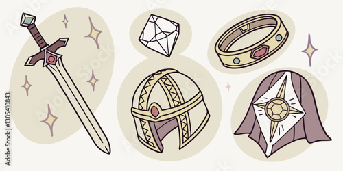 Magical Fantasy RPG Treasures Sword Diamond Ring Helmet Cloak Cartoon Illustration