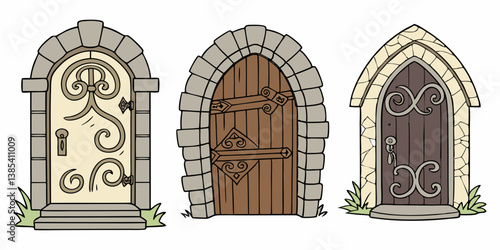 Cartoon Medieval Doors Illustration Arched Stone and Wood Entrances Fantasy Fairytale Style Design Elements Set of Three Different Doorways