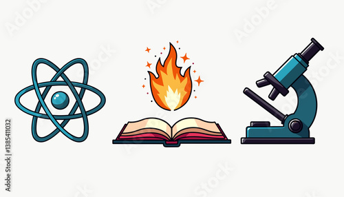 Colorful science education icons illustration featuring an outlined atom, microscope, and book with flames