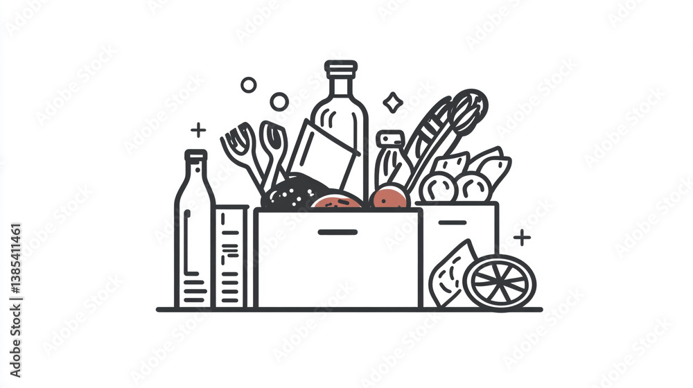Naklejka premium A minimalistic illustration of grocery boxes filled with food and drink items on white background