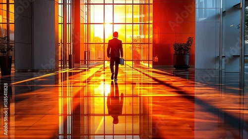 Businessman in Modern Office Lobby at Sunset Reflection of Warm Hues on Polished Floor Creates Serene Silhouette