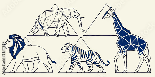 Geometric Polygon Animals Lion Elephant Tiger Giraffe Vector Illustrations Line Art Style