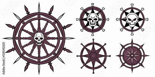 Pirate Ship Wheel Vector Art Nautical Skull Marine Design Set Clip Art Illustrations Sea Ocean Theme Pirate Nautical Symbol Graphics