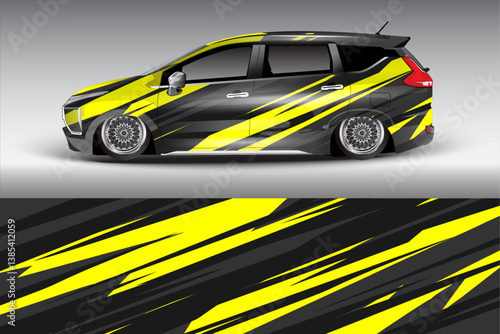 Stylishly Modified Car with Bold Yellow and Black Stripes Against a Gradient Background