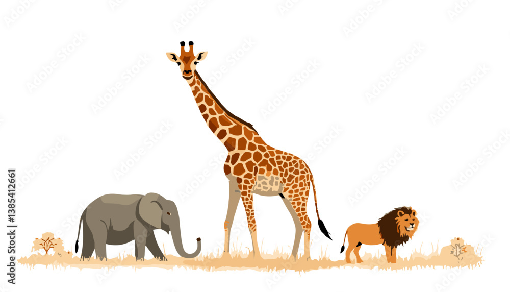 Obraz premium Animal safari line art illustration featuring outlined giraffe, elephant, and lion in muted earth tones 