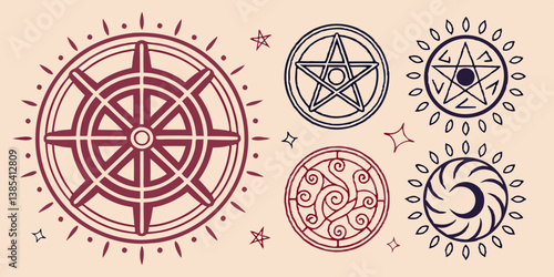 Mystical Circle Symbols Vector Illustration: Red & Dark Blue Pentagram, Wheel, Moon, Spiral - Occult, Esoteric, Witchcraft, Pagan Art Design