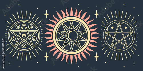 Mystical Occult Celestial Pentagram Sun Moon Symbols Vector Sunburst Design