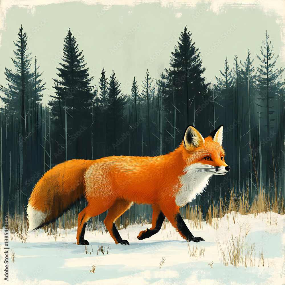 Fototapeta premium A bright orange fox trotting across a snowy winter landscape, with tall pine trees in the distance