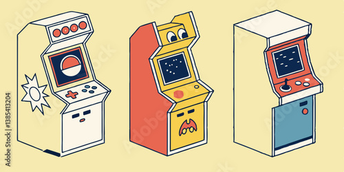 Retro Cartoon Arcade Game Machines Isometric Illustration - 80s Vintage Gaming Nostalgia - Classic Video Games - Arcade Cabinets - Gaming Icons - 1980s Arcade Gaming Fun Vibe