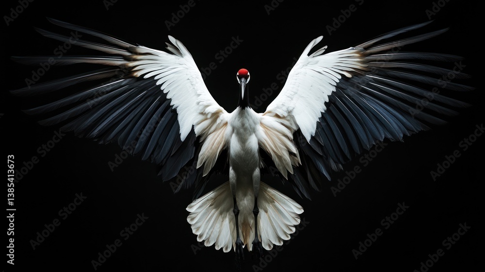 Fototapeta premium Crane in Flight Against Black Background. Possible use Stock Photo