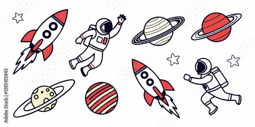 Cartoon Space Rockets Astronauts Planets Stars Vector Clipart Set