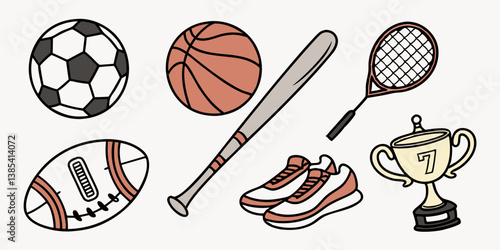 Cartoon Sports Equipment Clipart: Soccer Ball, Basketball, Baseball Bat, Tennis Racket, Football, Shoes, Trophy Illustration