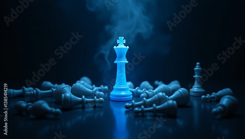 dramatic chess scene featuring glowing blue king surrounded by fallen pieces, evoking sense of mystery and strategy