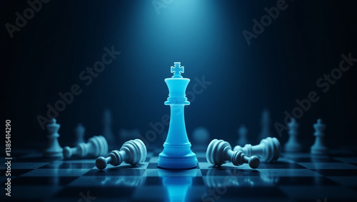 dramatic chess scene featuring glowing blue king surrounded by fallen pieces, evoking sense of tension and strategy