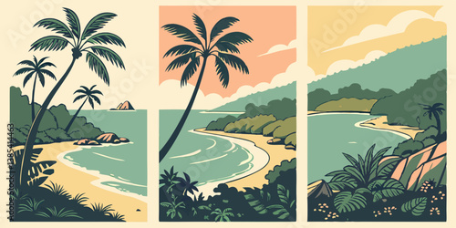 Colorful Flat Vector Tropical Beach Art Palm Trees Ocean Sand Island Beach Views