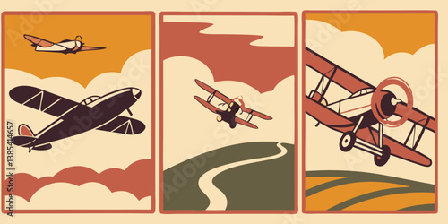 Vintage Airplane Art Deco Triptych Posters Retro Aviation