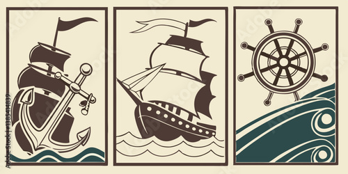 Vintage Nautical Maritime Ship Anchor Wheel Waves Triptych Art