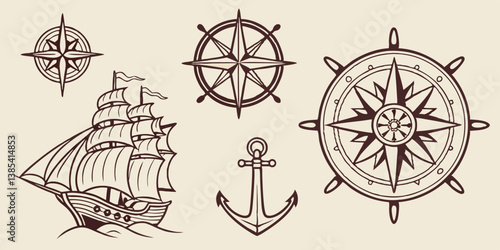 Retro Nautical Vector Set Sailing Ship Compass Roses Anchor Ship Wheel Vintage Maritime Design