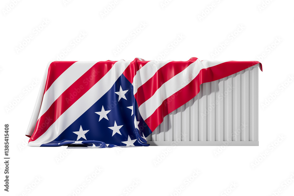 Naklejka premium Cargo container covered with USA flag fabric on white background, representing US import tariffs, tax increase, and trade concept. 3D Rendering