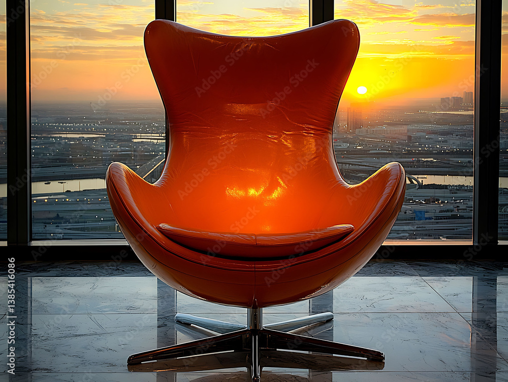 Obraz premium Serene sunset view from a modern, orange leather egg chair. Warm, inviting ambiance. Perfect for concepts of relaxation, luxury, or urban living.