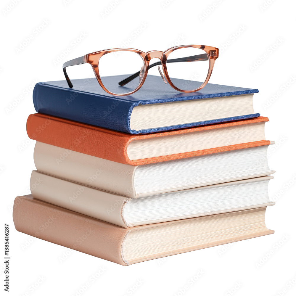 Stack of Colorful Textbooks with Eyeglasses on Top for Educational and Academic Themes Stack of Colorful Textbooks with Eyeglasses on Top for Educational and Academic Themes