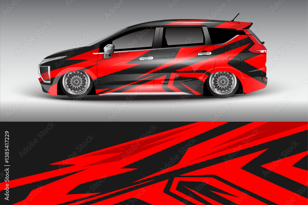 Stylish red and black car wrap design showcasing a sleek vehicle with a modern urban background Stylish red and black car wrap design showcasing a sleek vehicle with a modern urban background