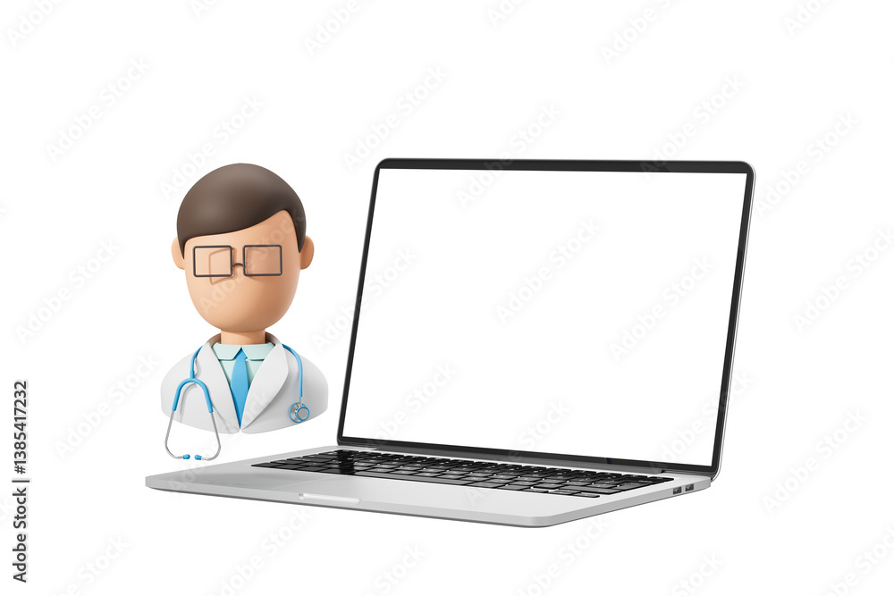 3D cartoon doctor character with stethoscope beside modern laptop featuring a blank screen, isolated on white background, concept of telehealth interface. 3D Rendering 3D cartoon doctor character with stethoscope beside modern laptop featuring a blank screen, isolated on white background, concept of telehealth interface. 3D Rendering