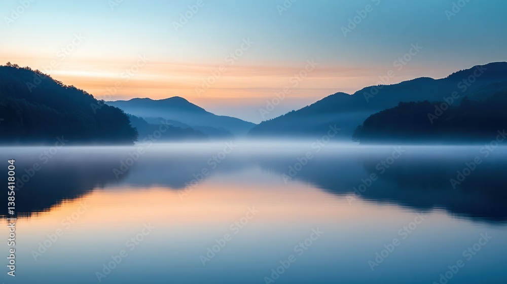 Misty Sunrise over Calm Lake, Mountain Reflection Misty Sunrise over Calm Lake, Mountain Reflection
