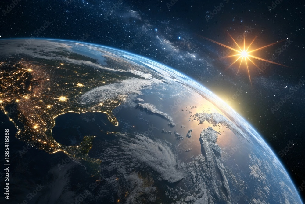 Obraz premium Earth from Space Sunrise City Lights