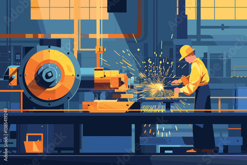 Robotized industrial production cartoon vector concept. Robotic hands working on modern factory or plant conveyor, manufacture qualified worker, engineer or service technician with tablet illustration