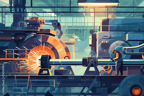Robotized industrial production cartoon vector concept. Robotic hands working on modern factory or plant conveyor, manufacture qualified worker, engineer or service technician with tablet illustration