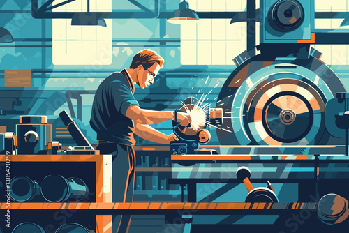 Robotized industrial production cartoon vector concept. Robotic hands working on modern factory or plant conveyor, manufacture qualified worker, engineer or service technician with tablet illustration