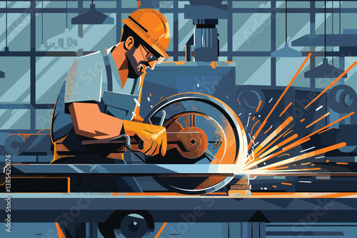 Robotized industrial production cartoon vector concept. Robotic hands working on modern factory or plant conveyor, manufacture qualified worker, engineer or service technician with tablet illustration