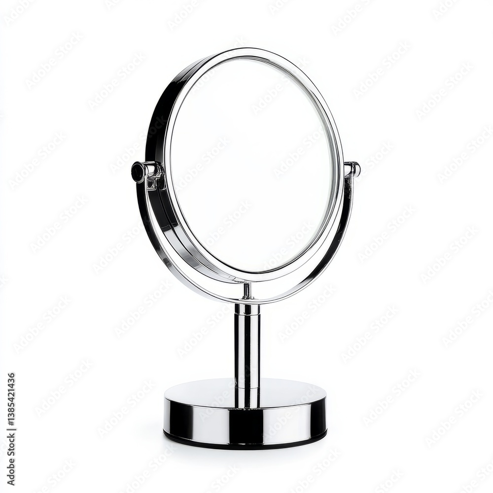 Elegant silver tabletop mirror isolated on white background, perfect for modern decor, beauty routine essentials, vanity setup Elegant silver tabletop mirror isolated on white background, perfect for modern decor, beauty routine essentials, vanity setup