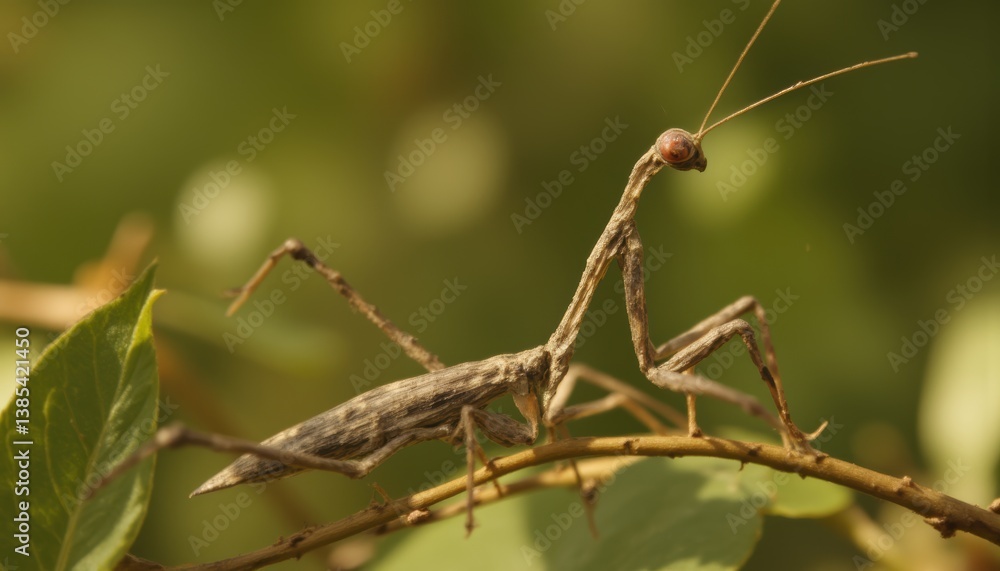 Close-Up of a Unique Mantis on Branch Surrounded by Green Foliage in Nature Environment Close-Up of a Unique Mantis on Branch Surrounded by Green Foliage in Nature Environment