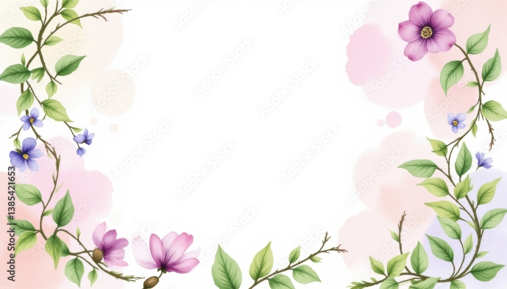 Elegant Floral Frame with Delicate Flowers and Lush Green Leaves on Soft Color Background Elegant Floral Frame with Delicate Flowers and Lush Green Leaves on Soft Color Background