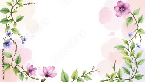 Elegant Floral Frame with Delicate Flowers and Lush Green Leaves on Soft Color Background