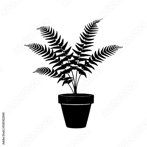Silhouette of a fern Plumosus Asparagus plant in a pot, minimal graphic style, isolated on white background. Concept of indoor greenery and plant decoration