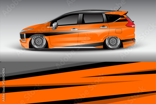 Sleek orange modified car with stylish body kit parked against a minimalist gradient background