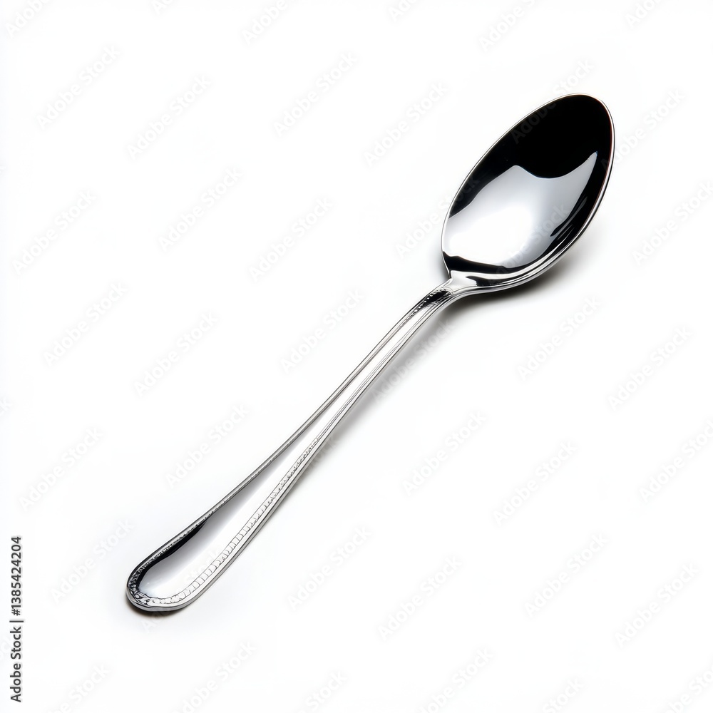 Shiny silver spoon on white background, ideal for kitchen dining concepts, culinary elegance, and festive table settings Shiny silver spoon on white background, ideal for kitchen dining concepts, culinary elegance, and festive table settings