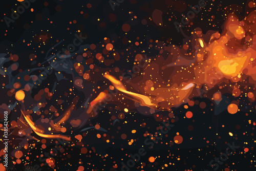 Fiery orange glowing flying away particles on black background, Burning fire embers glowing