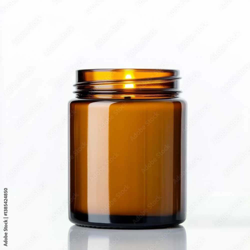 Empty amber glass jar on white background, ideal for eco-friendly packaging, apothecary aesthetics, sustainability concepts Empty amber glass jar on white background, ideal for eco-friendly packaging, apothecary aesthetics, sustainability concepts