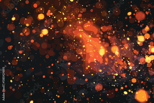 Fiery orange glowing flying away particles on black background, Burning fire embers glowing
