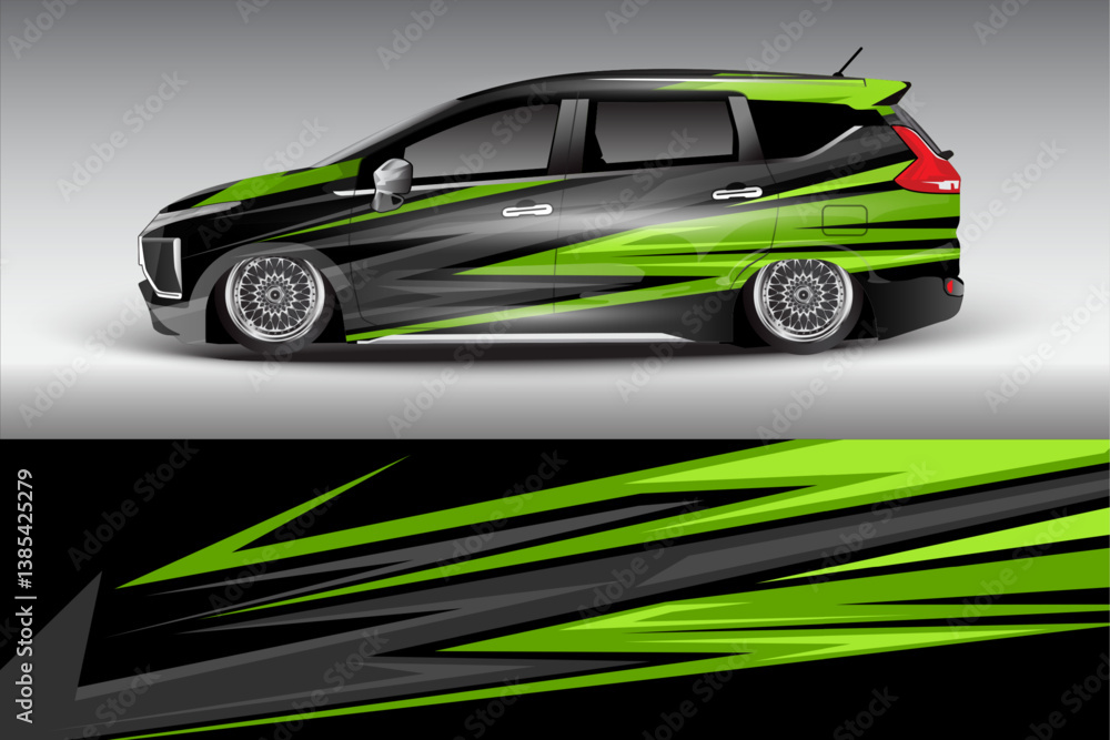 Obraz premium Stylishly customized car featuring vibrant green and black graphics, set against a sleek gradient background