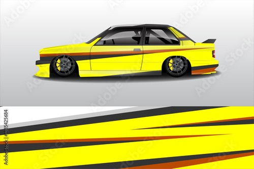 Stylized yellow sports car illustration with dynamic design elements and a minimalist background