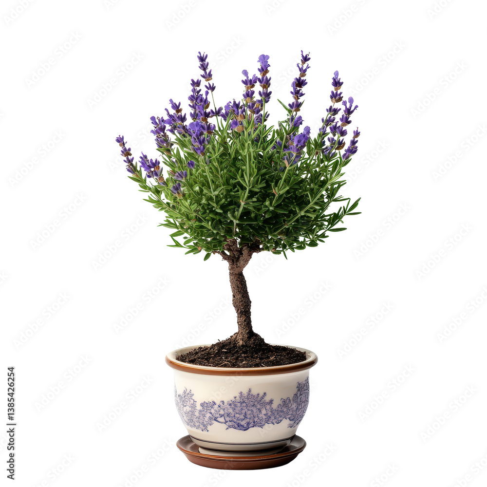 Beautiful Lavender Bonsai Plant with Purple Flowers in Decorative Pot on White Background Beautiful Lavender Bonsai Plant with Purple Flowers in Decorative Pot on White Background