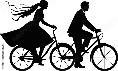illustration of a wedding bride and groom riding a bicycle silhouette