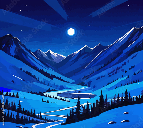 moon tree snow mountain landscape illustration at night